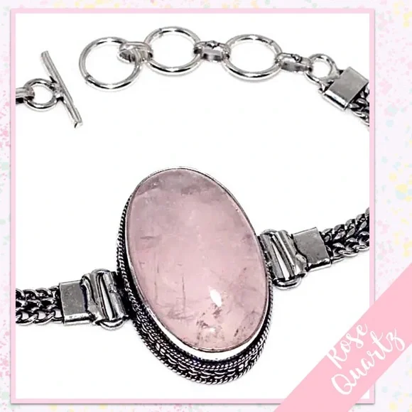 Rose Quartz Eclectic Bollywood Silver Bangle Cuff, Adjustable (Pale Pink) - Picture 2 of 2